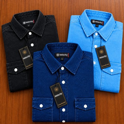 3p Regular Button Double Pocket Denim Shirt _ SKY _ NBY_ BLACK