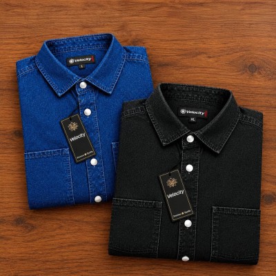Denim Snap Button Double Poket Shirt _ Deep Blue _ BLACK