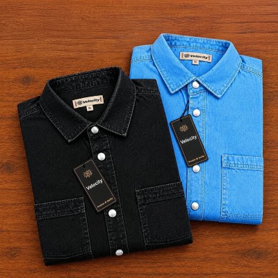 Denim Snap Button Double Poket Shirt _ Light Blue _ BLACK