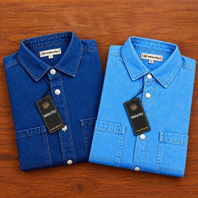 Denim Snap Button Double Poket Shirt _ Light Blue _  Deep Blue
