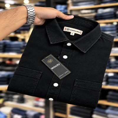Denim Snap Button Double Poket Shirt _ কালো