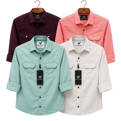 4 Pes Combo Premium Quality  Double Pocket Shirt WHITE  _ MAROON _ PEST _ PINK